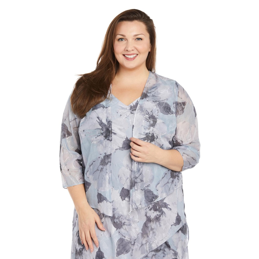 R&M Richards Blue Floral Metallic Chiffon Maxi Dress and Jacket Set Womens 14